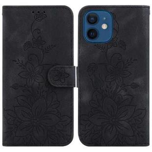 For iPhone 12 / 12 Pro Lily Embossed Leather Phone Case(Black)