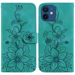 For iPhone 12 mini Lily Embossed Leather Phone Case(Green)