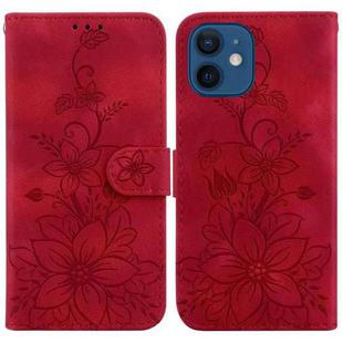 For iPhone 12 mini Lily Embossed Leather Phone Case(Red)