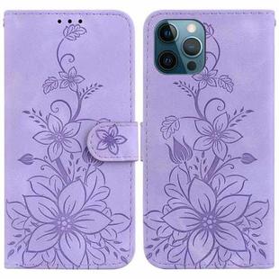For iPhone 12 Pro Max Lily Embossed Leather Phone Case(Purple)
