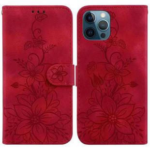 For iPhone 12 Pro Max Lily Embossed Leather Phone Case(Red)
