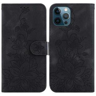 For iPhone 12 Pro Max Lily Embossed Leather Phone Case(Black)