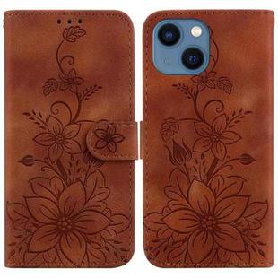 For iPhone 13 Lily Embossed Leather Phone Case(Brown)