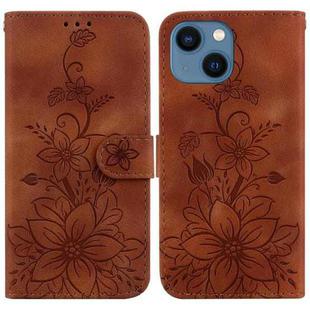 For iPhone 13 mini Lily Embossed Leather Phone Case(Brown)