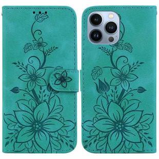 For iPhone 13 Pro Lily Embossed Leather Phone Case(Green)