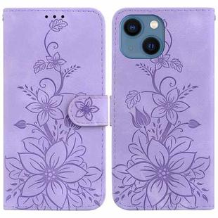For iPhone 14 Plus Lily Embossed Leather Phone Case(Purple)