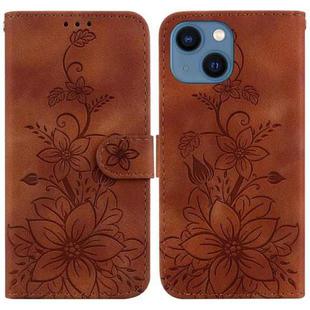 For iPhone 14 Plus Lily Embossed Leather Phone Case(Brown)