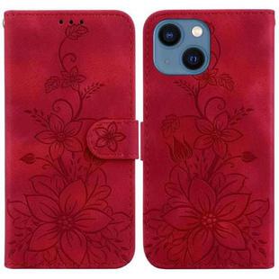 For iPhone 14 Plus Lily Embossed Leather Phone Case(Red)