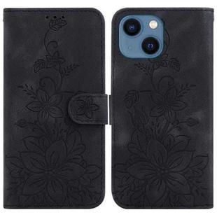 For iPhone 14 Plus Lily Embossed Leather Phone Case(Black)
