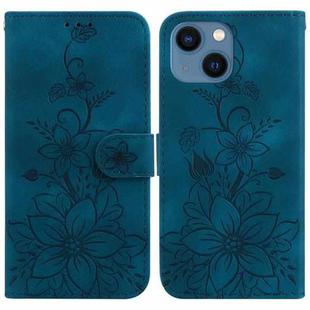 For iPhone 14 Lily Embossed Leather Phone Case(Dark Blue)