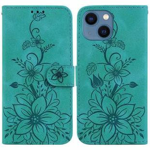 For iPhone 15 Lily Embossed Leather Phone Case(Green)