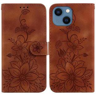 For iPhone 15 Lily Embossed Leather Phone Case(Brown)