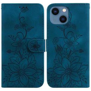 For iPhone 15 Lily Embossed Leather Phone Case(Dark Blue)
