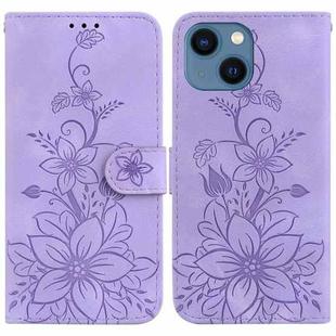 For iPhone 15 Plus Lily Embossed Leather Phone Case(Purple)