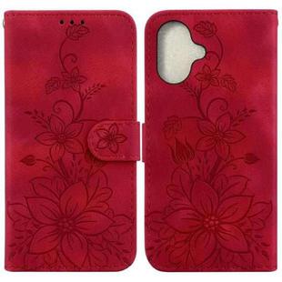 For iPhone 16 Plus Lily Embossed Leather Phone Case(Red)