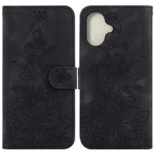 For iPhone 16 Plus Lily Embossed Leather Phone Case(Black)