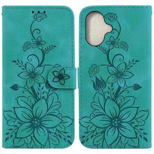 For iPhone 16 Lily Embossed Leather Phone Case(Green)