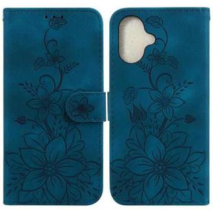 For iPhone 16 Lily Embossed Leather Phone Case(Dark Blue)