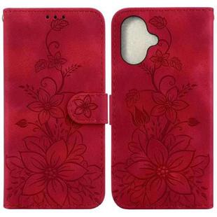 For iPhone 16 Lily Embossed Leather Phone Case(Red)