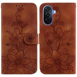 For Huawei nova Y70 Plus Lily Embossed Leather Phone Case(Brown)