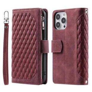 For iPhone 15 Pro Max Grid Texture Zipper Leather Phone Case with Lanyard(Wine Red)