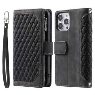 For iPhone 15 Pro Max Grid Texture Zipper Leather Phone Case with Lanyard(Black)