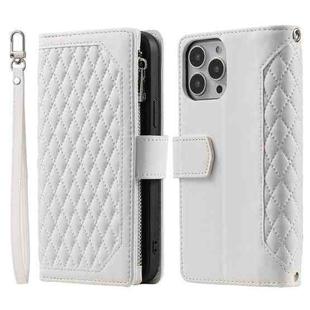 For iPhone 15 Pro Max Grid Texture Zipper Leather Phone Case with Lanyard(White)