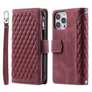 For iPhone 15 Pro Grid Texture Zipper Leather Phone Case with Lanyard(Wine Red)