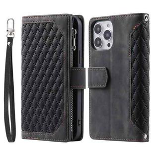 For iPhone 15 Pro Grid Texture Zipper Leather Phone Case with Lanyard(Black)