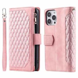 For iPhone 15 Pro Grid Texture Zipper Leather Phone Case with Lanyard(Rose Gold)