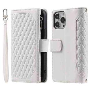 For iPhone 15 Pro Grid Texture Zipper Leather Phone Case with Lanyard(White)