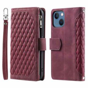 For iPhone 15 Plus Grid Texture Zipper Leather Phone Case with Lanyard(Wine Red)