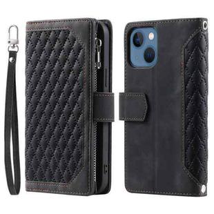 For iPhone 15 Grid Texture Zipper Leather Phone Case with Lanyard(Black)