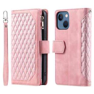 For iPhone 15 Grid Texture Zipper Leather Phone Case with Lanyard(Rose Gold)