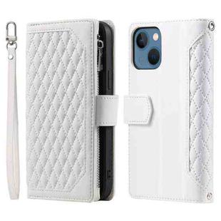 For iPhone 15 Grid Texture Zipper Leather Phone Case with Lanyard(White)