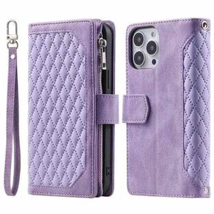 For iPhone 16 Pro Max Grid Texture Zipper Leather Phone Case with Lanyard(Purple)