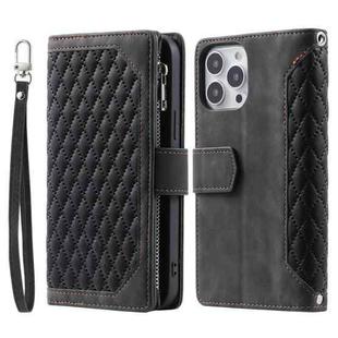 For iPhone 16 Pro Max Grid Texture Zipper Leather Phone Case with Lanyard(Black)