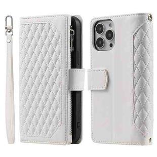 For iPhone 16 Pro Max Grid Texture Zipper Leather Phone Case with Lanyard(White)