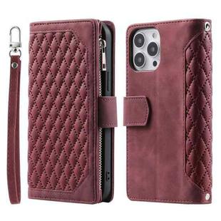 For iPhone 16 Pro Grid Texture Zipper Leather Phone Case with Lanyard(Wine Red)