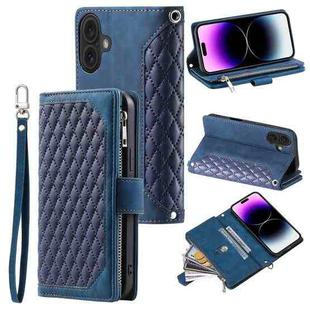 For iPhone 16 Plus Grid Texture Zipper Leather Phone Case with Lanyard(Blue)