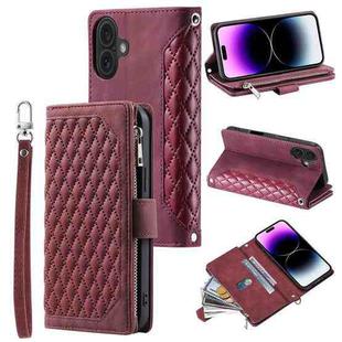 For iPhone 16 Plus Grid Texture Zipper Leather Phone Case with Lanyard(Wine Red)