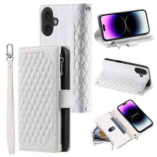 For iPhone 16 Plus Grid Texture Zipper Leather Phone Case with Lanyard(White)