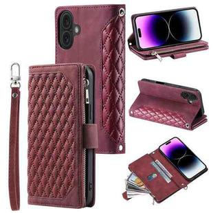 For iPhone 16 Grid Texture Zipper Leather Phone Case with Lanyard(Wine Red)