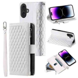 For iPhone 16 Grid Texture Zipper Leather Phone Case with Lanyard(White)