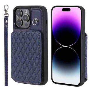 For iPhone 14 Pro Max Grid Texture Card Bag Phone Case with Lanyard(Blue)