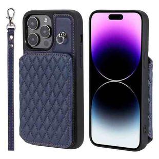 For iPhone 13 Pro Max Grid Texture Card Bag Phone Case with Lanyard(Blue)