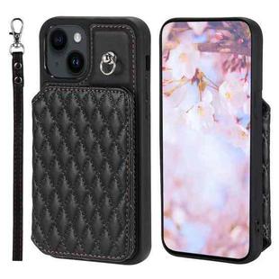 For iPhone 13 Grid Texture Card Bag Phone Case with Lanyard(Black)