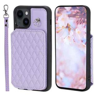 For iPhone 13 Grid Texture Card Bag Phone Case with Lanyard(Purple)