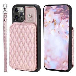 For iPhone 12 Pro Max Grid Texture Card Bag Phone Case with Lanyard(Rose Gold)