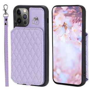 For iPhone 12 / 12 Pro Grid Texture Card Bag Phone Case with Lanyard(Purple)